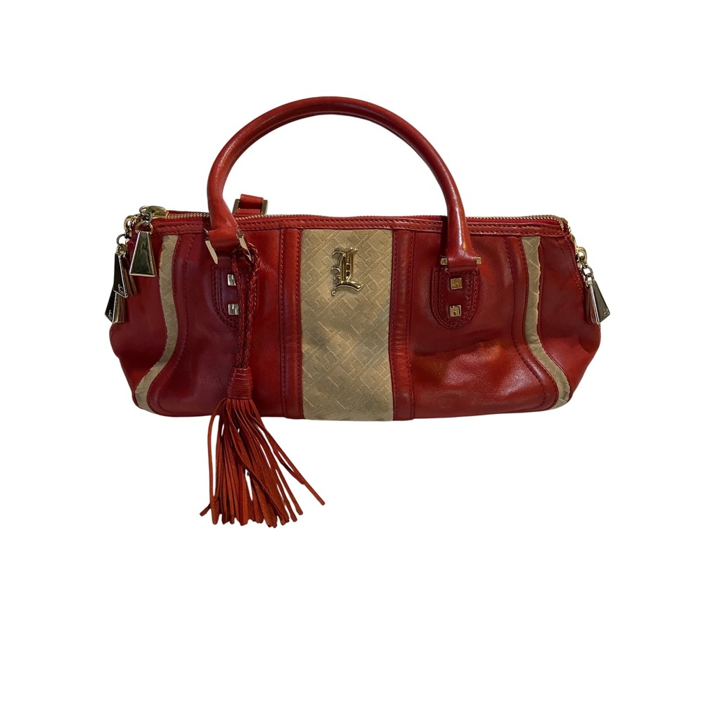 L.A.M.B. Gwen Stefani Red‎ Leather Tan Satchel Handbag Gold Logo Tassel Bag